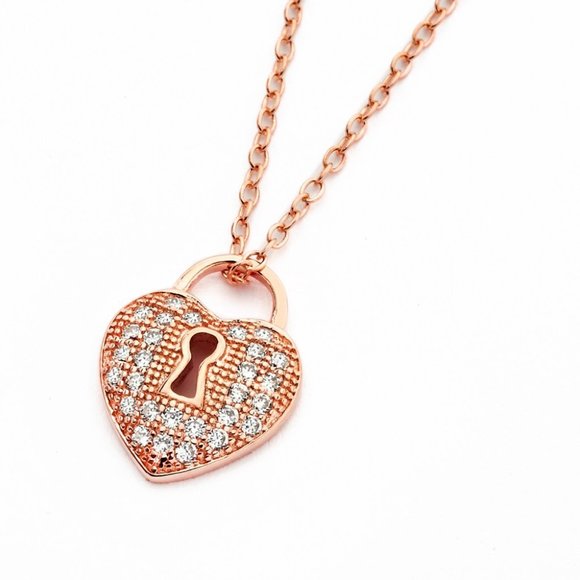 Sterling Silver 925 Rose Gold Plated Clear CZ Heart Lock Pendant Necklace